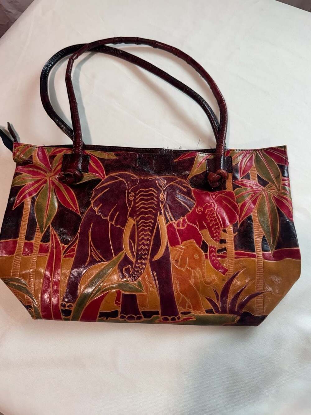 Vintage Emily And Wolf Genuine Leather Elephant Hand Painted Tote Purse